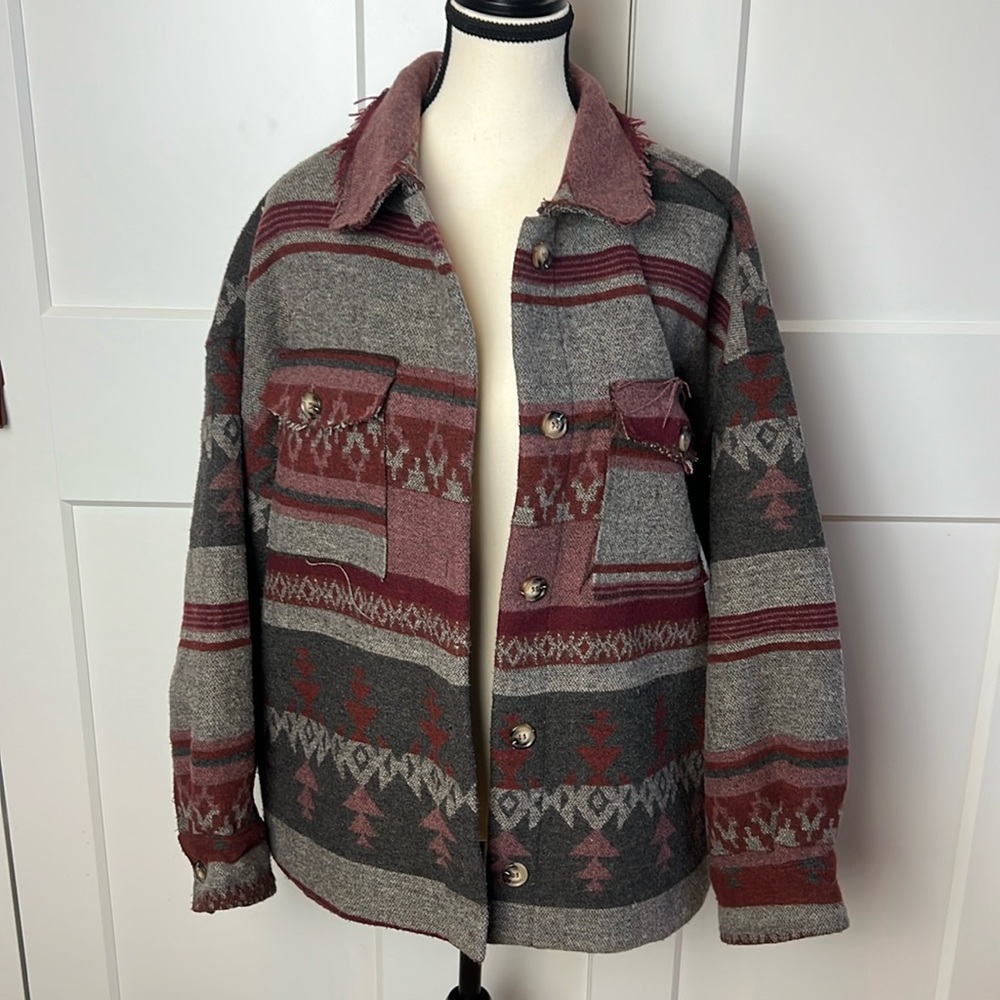 Heavyweight Aztec oversized shacket shirt jacket button down Sherpa granola